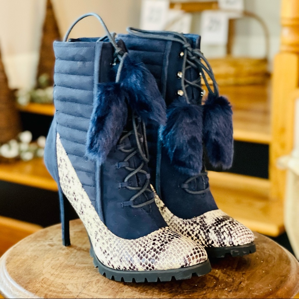 June By June Ambrose Navy Suede And Snakeskin Platform Stiletto Boots Pom Pom